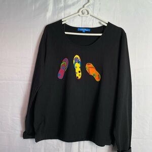 Black Long Sleeve Top with Colorful Flip-Flop Design